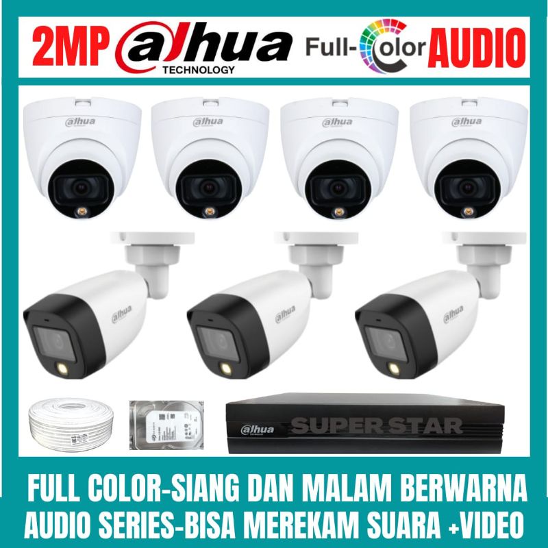 PAKET CCTV DAHUA FULL COLOR 2MP 8 CHANNEL 7 KAMERA AUDIO COLORVU