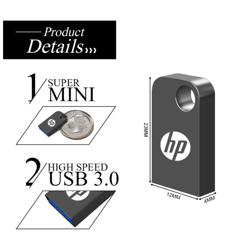 Flash Drive HP Mini 128GB 256GB 512GB 1TB 2TB USB3.0 Flash Drive Gunmetal Cocok Untuk Simpan Foto, Video Dan Lagu