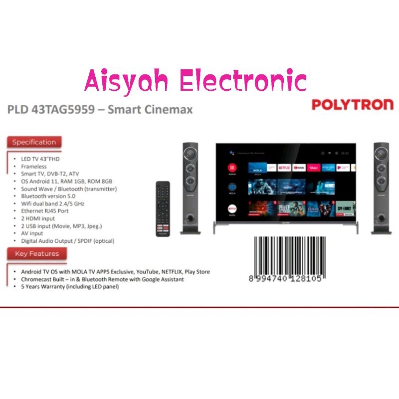 ANDROID TV POLYTRON 43 INCI SOUND TOWER GARANSI 5 TAHUN (43TAG5959)