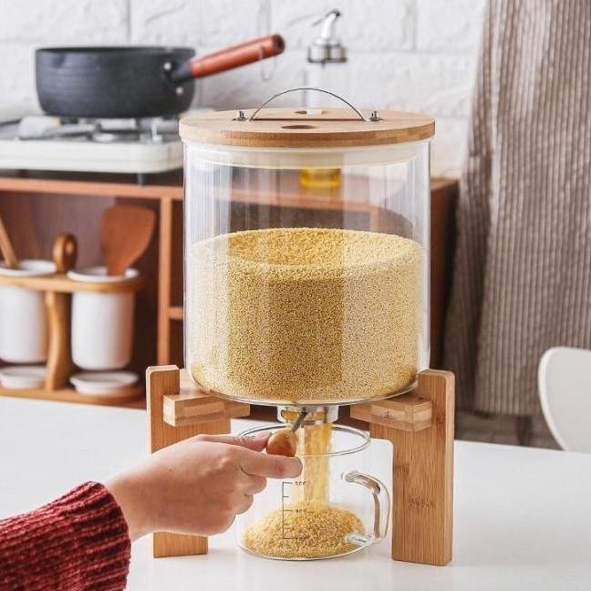 Dispenser Beras Kayu / Wooden Rice Dispencer / Tempat Beras Kaca