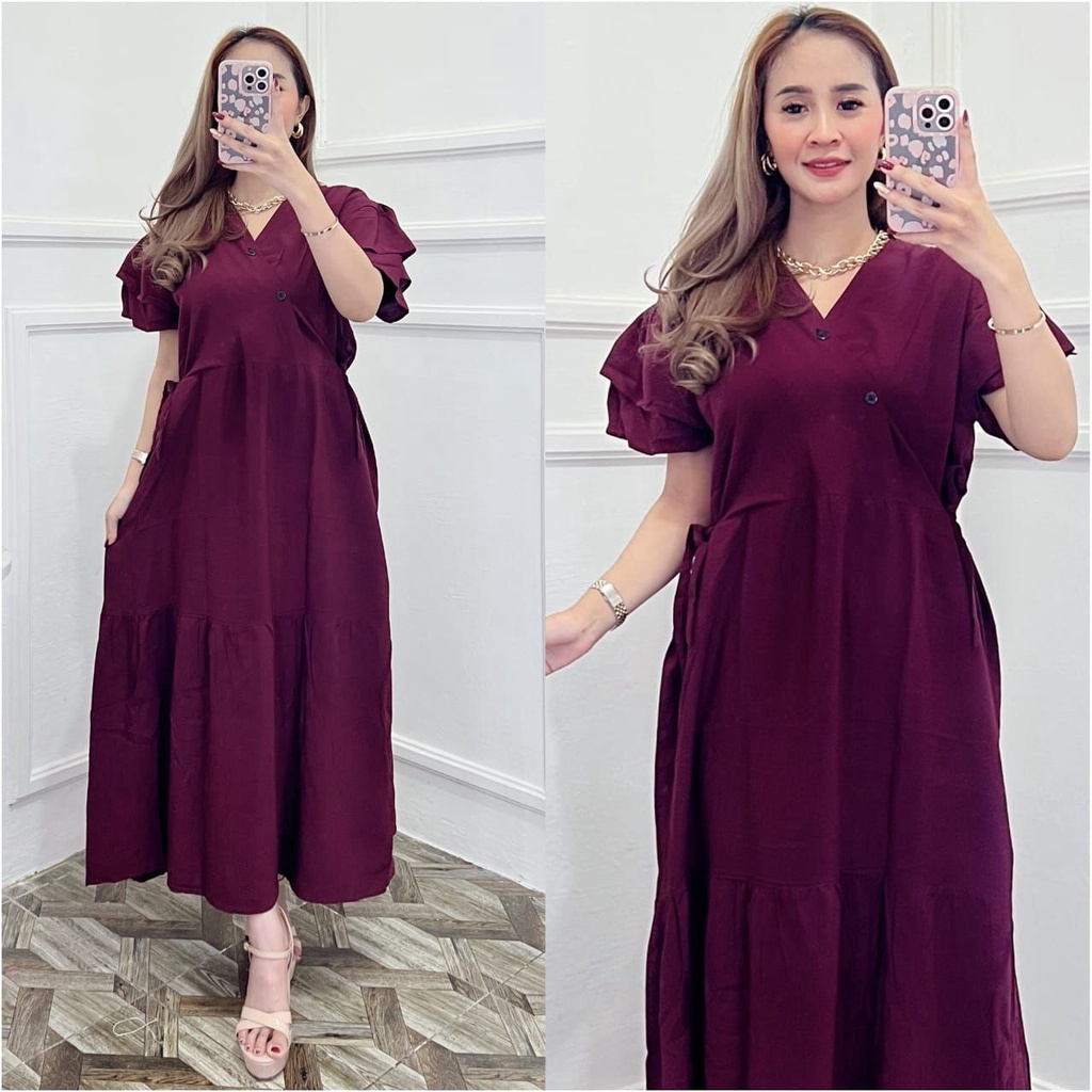 Dress Kimono Homewear Kekinian Daster Rayon Busui Kancing Daster Susun Lengan Tumpuk