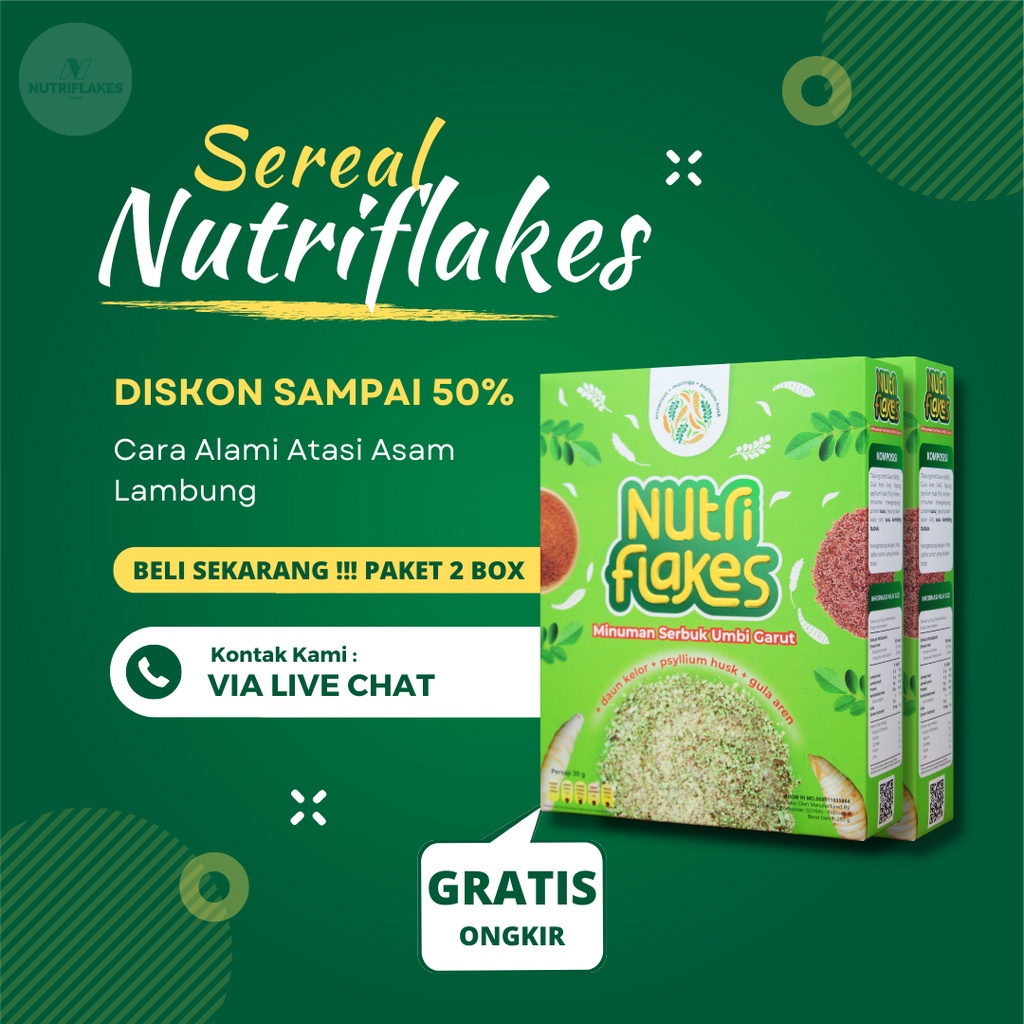 

NUTRIFLAKES SEREAL UMBI GARUT WITH PSYILIUM HUSK & DAUN KELOR 2 BOX 280gr AMAN SEHAT DAN BERKHASIAT TINGGI SEREAL BERGIZI SUDAH BPOM DAN HALAL ASLI ORIGINAL 100% TERLARIS BEST SELLER