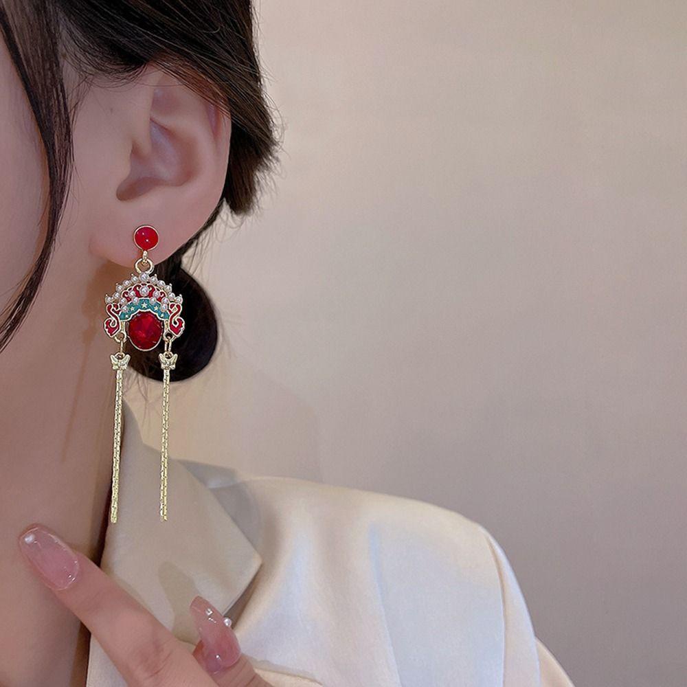 Mxbeauty Anting Tusuk Gantung Rantai Panjang Wanita Hias Mutiara Gaya Beijing Opera China Untuk Hadiah