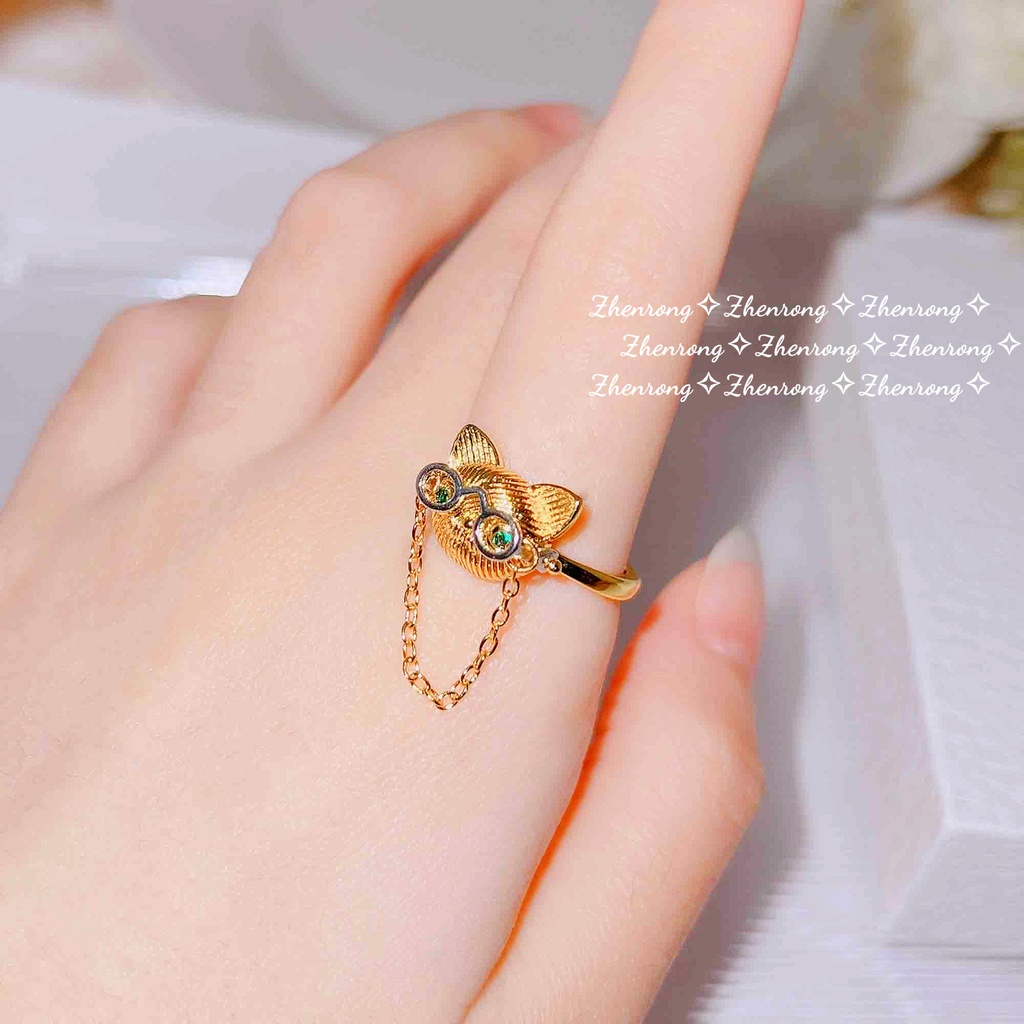 Goldkingdom Perhiasan Fashion Emas Asli Kadar 375 Bangkok Aksesoris Ready Stock Tangan-Kuping Kucing Dr Cincin Perempuan Zamrud Indah Kartun Adjustable Ring