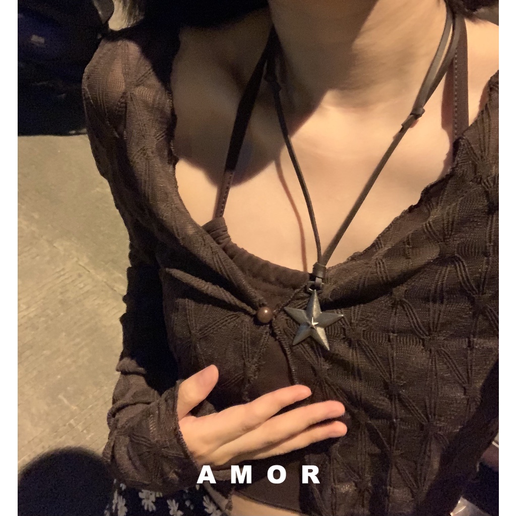 Kalung Panjang Liontin Bintang adjustable Bahan alloy Warna silver Gaya punk