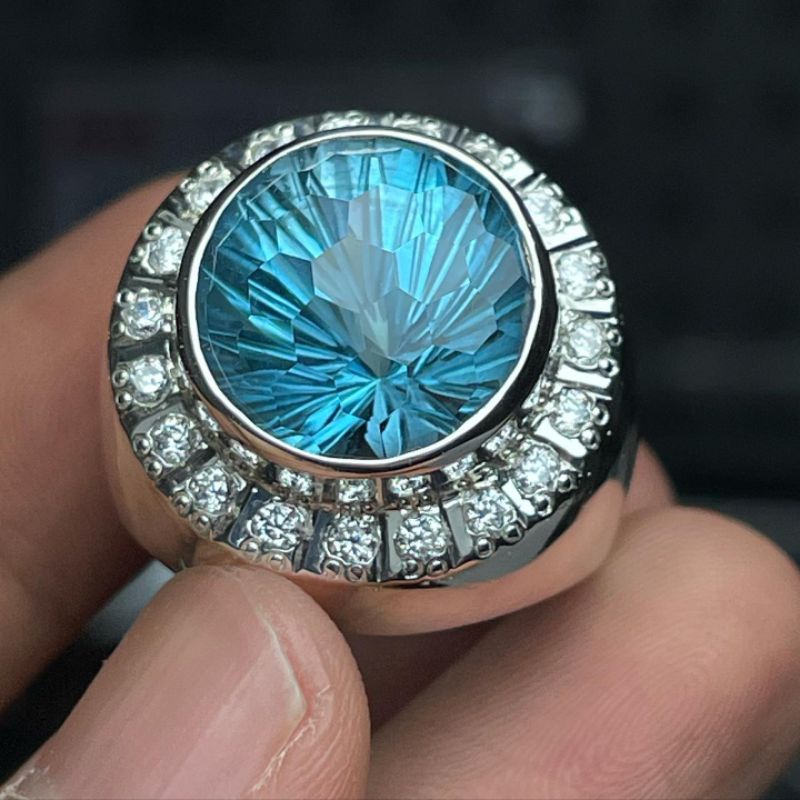 natural [SKY BLUE TOPAZ SWISS 10MM CUSTOM CUTTING] emban cincin pria ring perak silver 925 emas