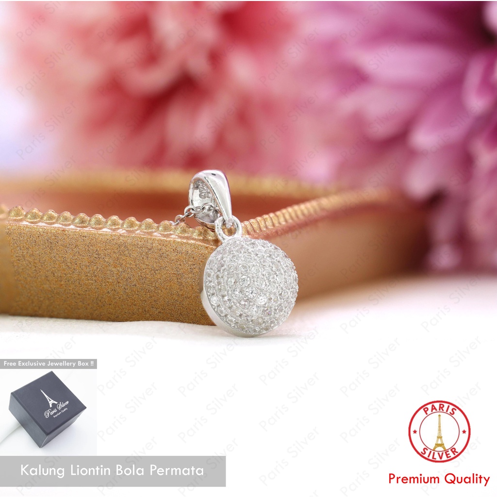 Kalung Liontin Bola Permata Perak Asli Lapis Emas Putih Silver 925 Model Cewek Korea Bandul Wanita