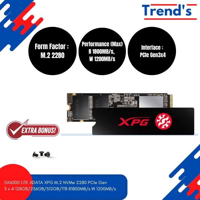 SX6000 LITE ADATA XPG M.2 NVMe 2280 PCIe Gen 3 x 4 128GB/256GB/512GB/1TB R1800MB/s W 1200MB/s