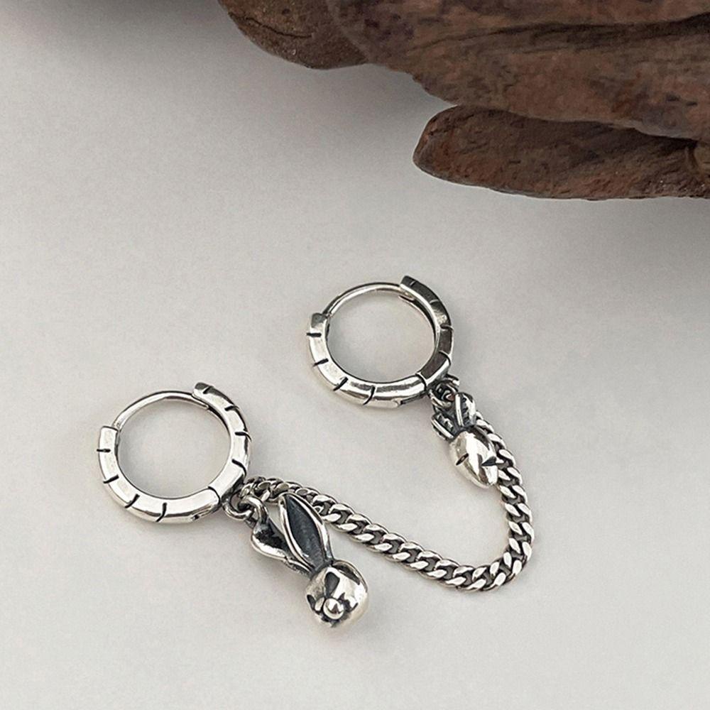 Mxbeauty Wanita Menjuntai Anting Fashion Perhiasan Pesta Perhiasan Hadiah Geometris Anting Liontin Kelinci Liontin Retro Anting Warna Perak Ganda Dua Lubang Tembaga Mode Hoop Earring