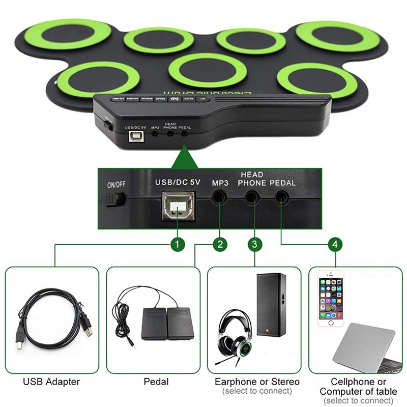 Rixton Drum Elektronik Portabel Digital USB 7 Bantalan Roll up Drum Set Silicone Electric Drum Pad Kit