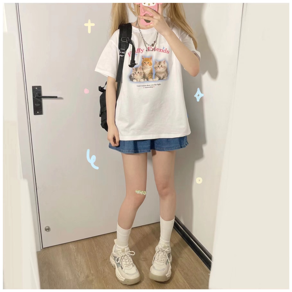 EUNII T-shirt Lengan Pendek Imut Kucing Pencetakan Longgar Korean Style/Kaos Atasan Wanita/Baju Kaus Oversize Wanita