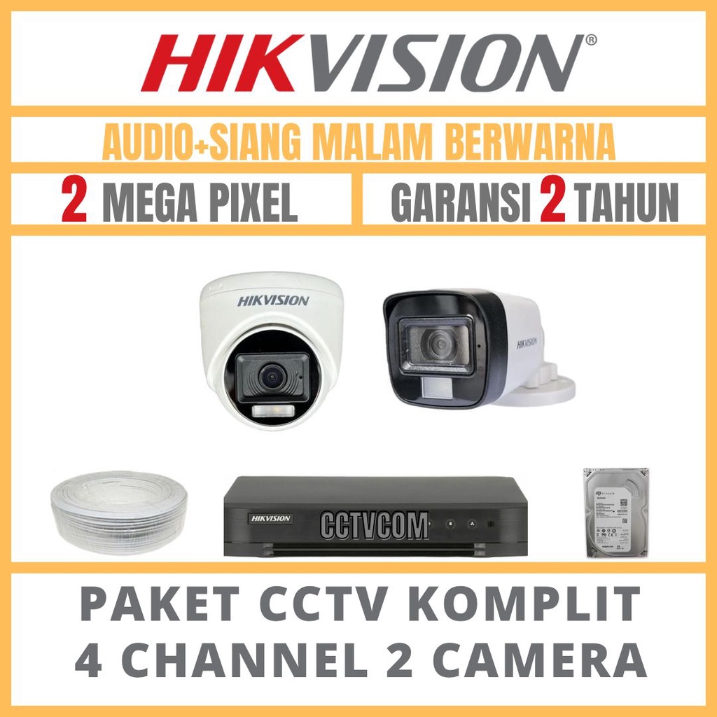 PAKET CCTV HIKVISION COLORVU 2MP 1080P 4 CHANNEL 2 CAMERA COLORFULL