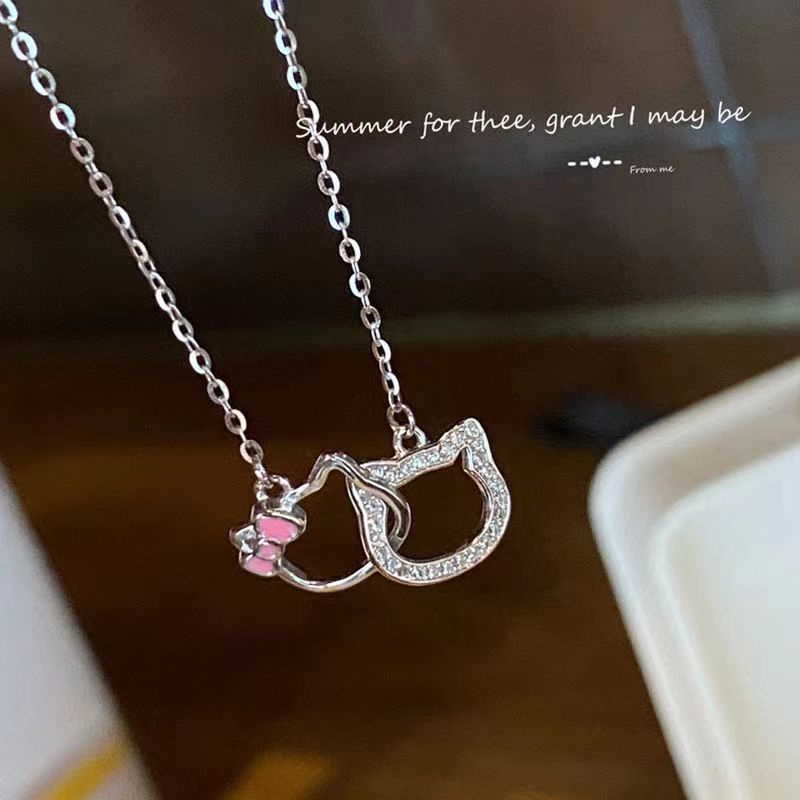 Mhang Kalung Rantai Liontin Hello Kitty Hias Berlian Imitasi Warna Pink Gaya Korea Untuk Wanita