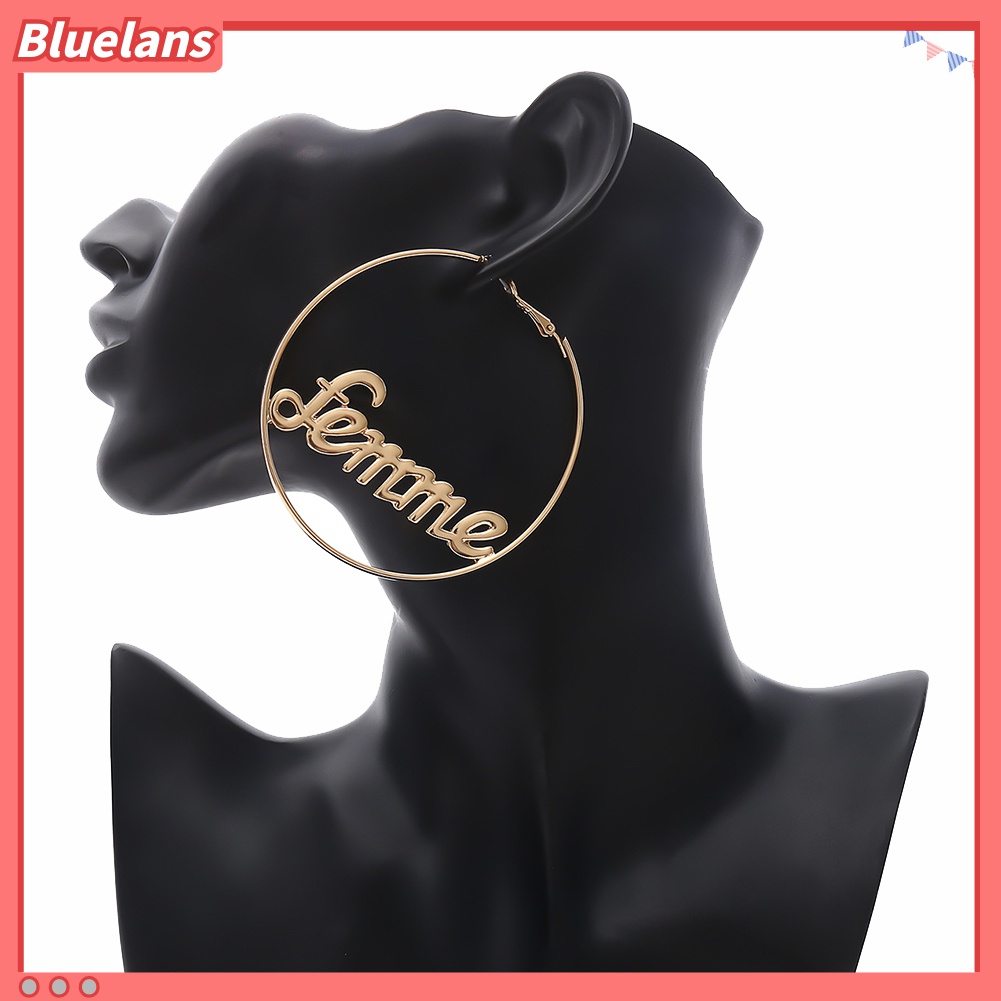 Anting Hoop Bentuk Lingkaran Hollow Motif Tulisan Femme Baby Untuk Wanita