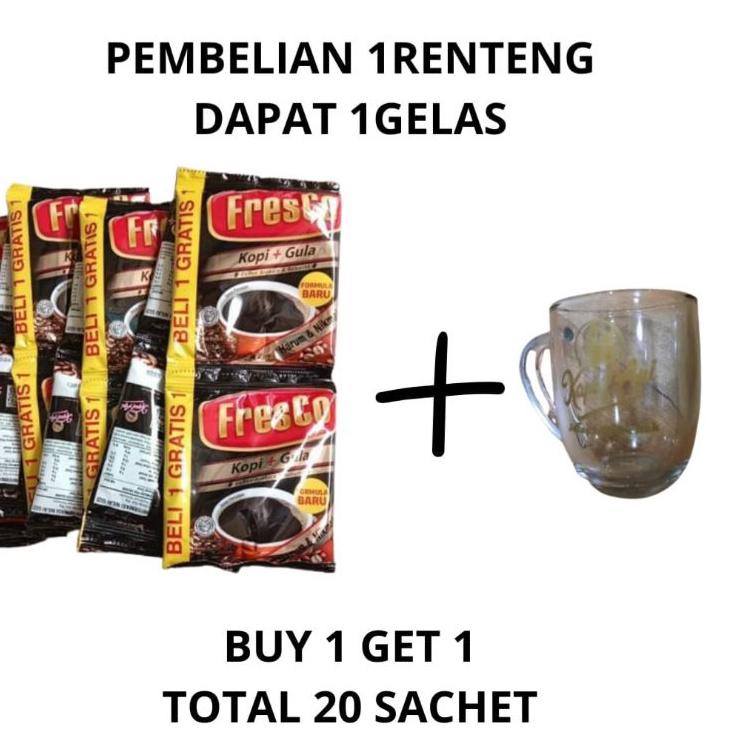 

⍐ Fresco Kopi Gula 25gr Buy 1 get 1 + Gratis gelas (Pembelian 1 renteng) total 20 saset ㄿ