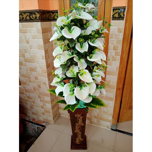 Bunga sudut mawar pot kayu/ bunga artificial/ bungamawar