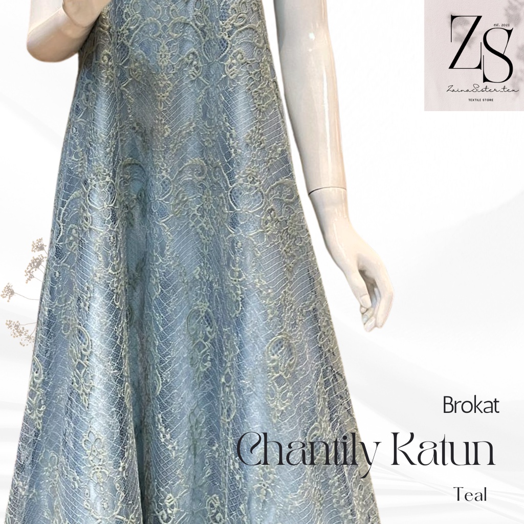 Kain Kebaya Brokat Brukat Panel Chantily Katun Semi France Prancis Warna Hijau Teal Green