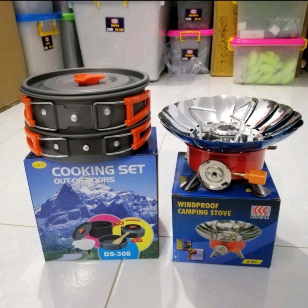 Paket Hemat Alat Masak Kemping Gunung Komplit Cooking Set DS200 Plus Kompor K203 Camping Outdor