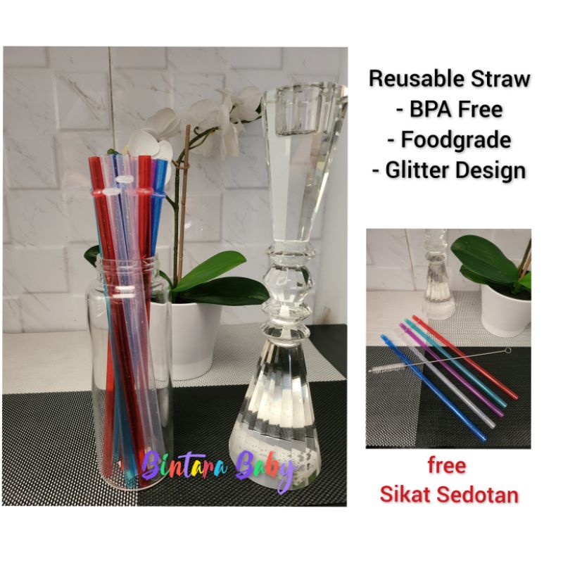 Sedotan tumbler starbucks reusable ecofriendly Plastic Straw Sedotan Plastik /  Glitter Reusable Straw Sedotan Plastik BPA Free ramah lingkungan 23cm fits untuk mason jar /