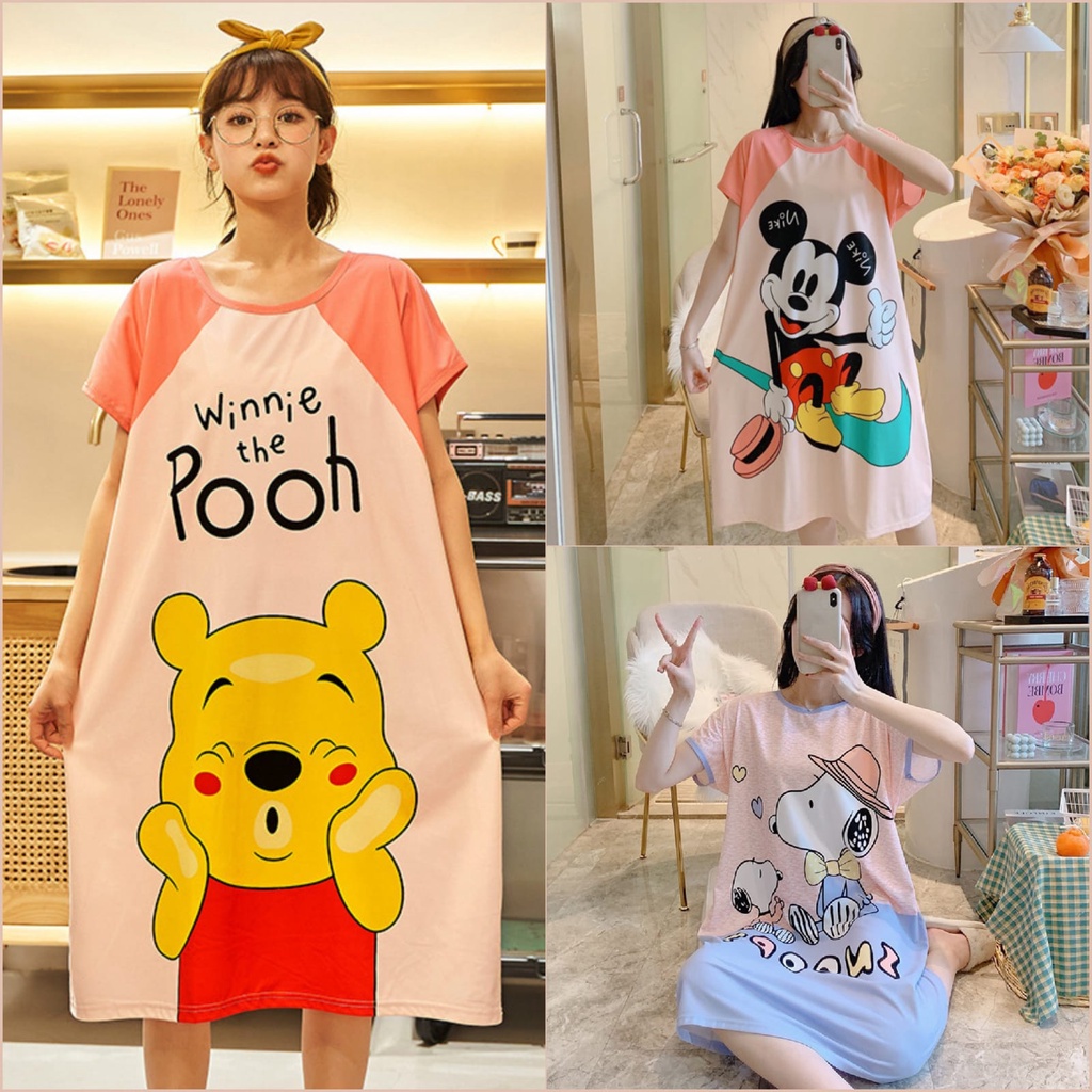 【 Bra Mall 】BM-326 PIYAMA BAJU TIDUR WANITA DASTER SPANDEK RUMAHAN MIDI SIZE JUMBO IMPORT DEWASA MOTIF KARTUN