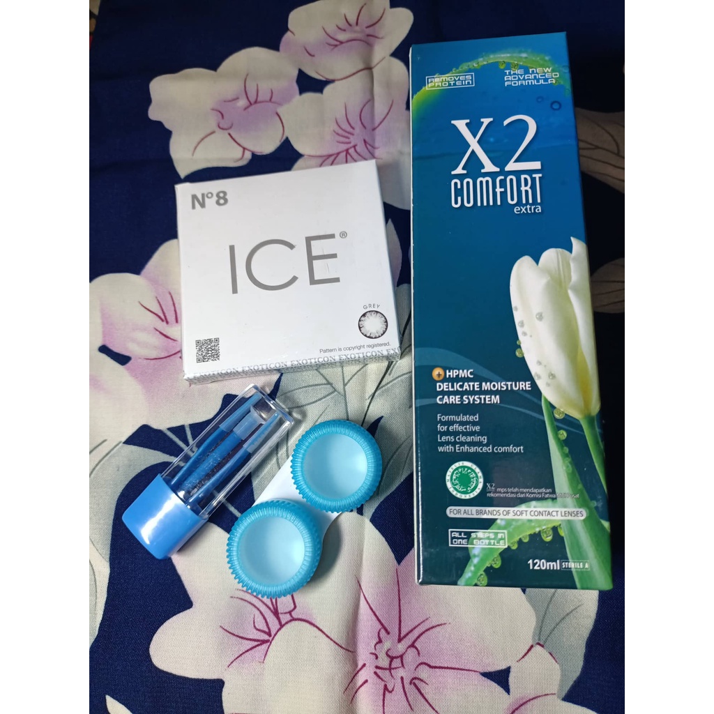 COD Paket Softlens Ice No 8 Normal Big Eyes Dia 16mm + Air Softlens X2 120ml + Pinset + Lenscase I Softlens N8