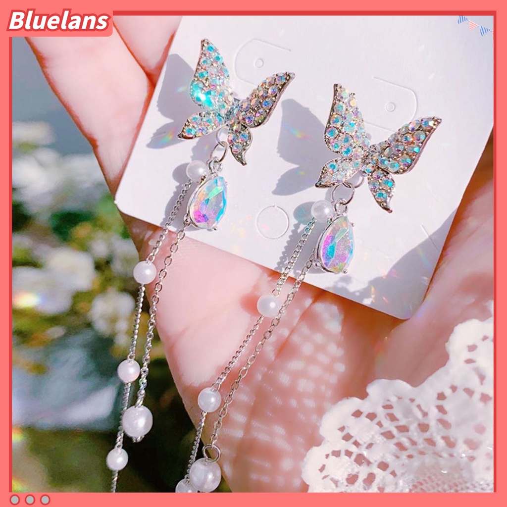 1 Pasang Anting Stud Rantai Rumbai Kupu-Kupu Mutiara Berlian Imitasi Kilau Untuk Wanita