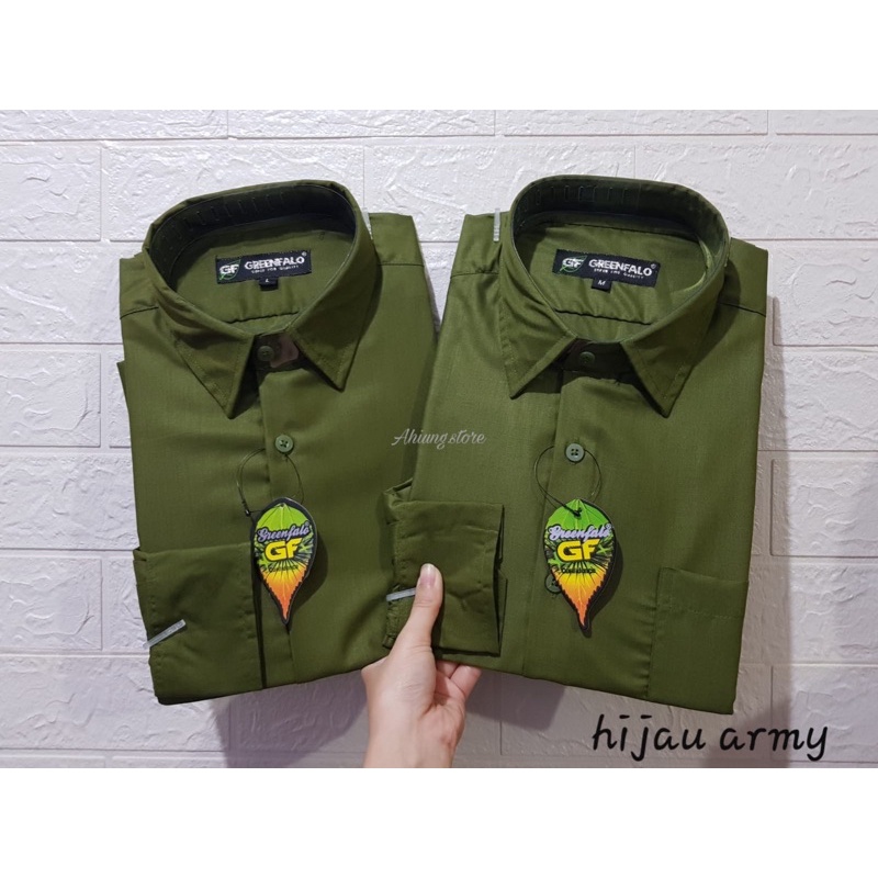 KEMEJA PRIA GREENFALO - KEMEJA POLOS LENGAN PANJANG PRIA WARNA HIJAU ARMY