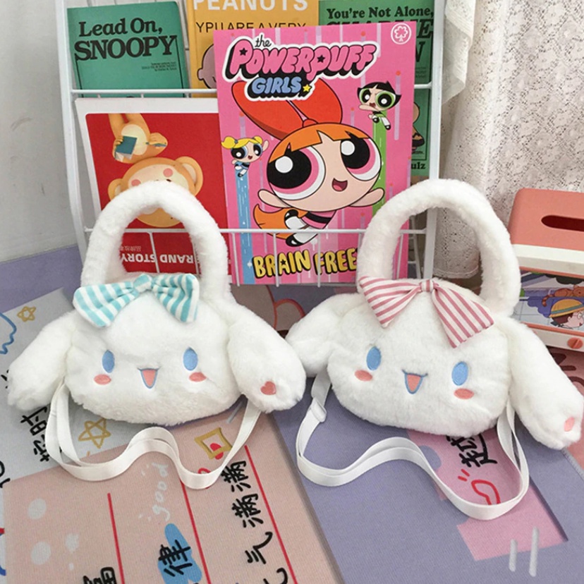 Tas Boneka bulu Sanrio Cinnamoroll Boneka Hewan Tas Tangan Boneka Anime untuk Anak Perempuan Mainan Lembut Kawaii untuk Anak-anak