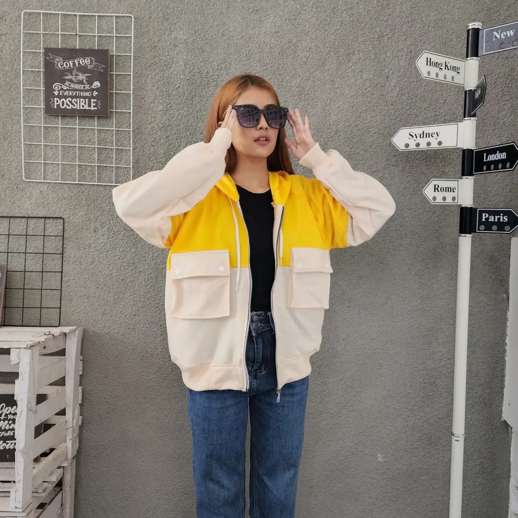 TWO TONE POCKY Jacket Sweater Wanita Oversize Hoodie Zipper Pakaian Terbaru Fashion Terkini Korean Style Kasual Street Style