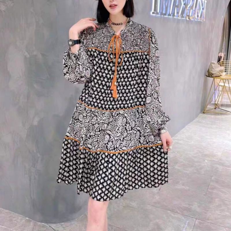 1805 Fashion baju  mini dress lengan pendek smok tali rempel motif mewah elegan simpel terlaris terl