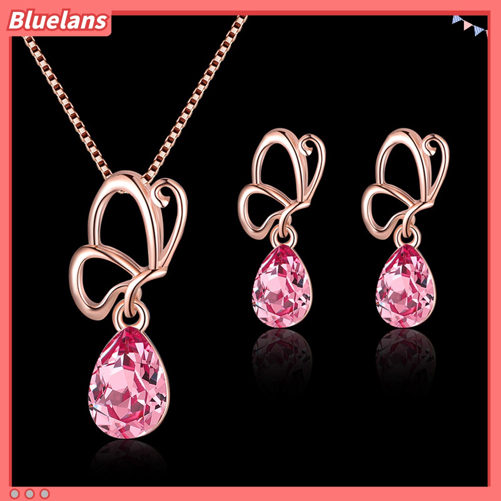 Set Perhiasan Kalung Anting Stud Berlian Imitasi Model Tetesan Air Kelopak Bunga Hollow Untuk Wanita