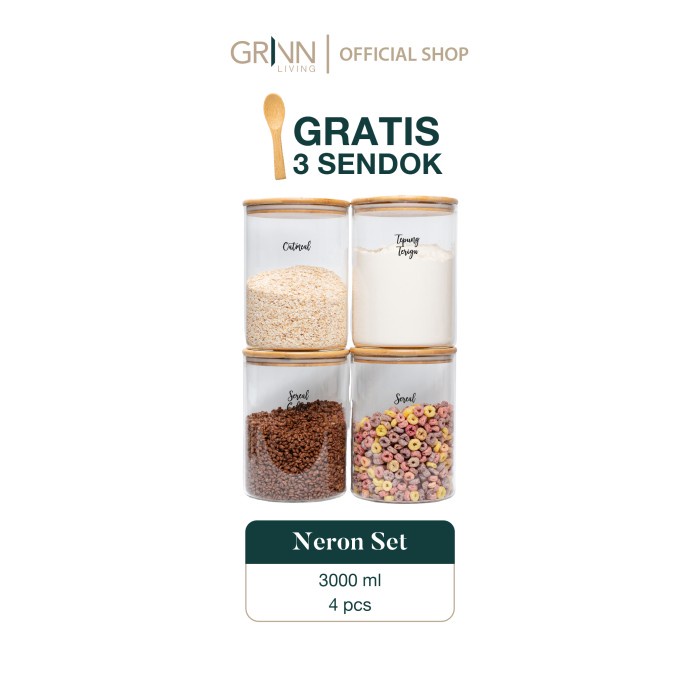 Set Paket* Grinn Living Neron Glass Jar 3000 Ml Toples Beras Kayu