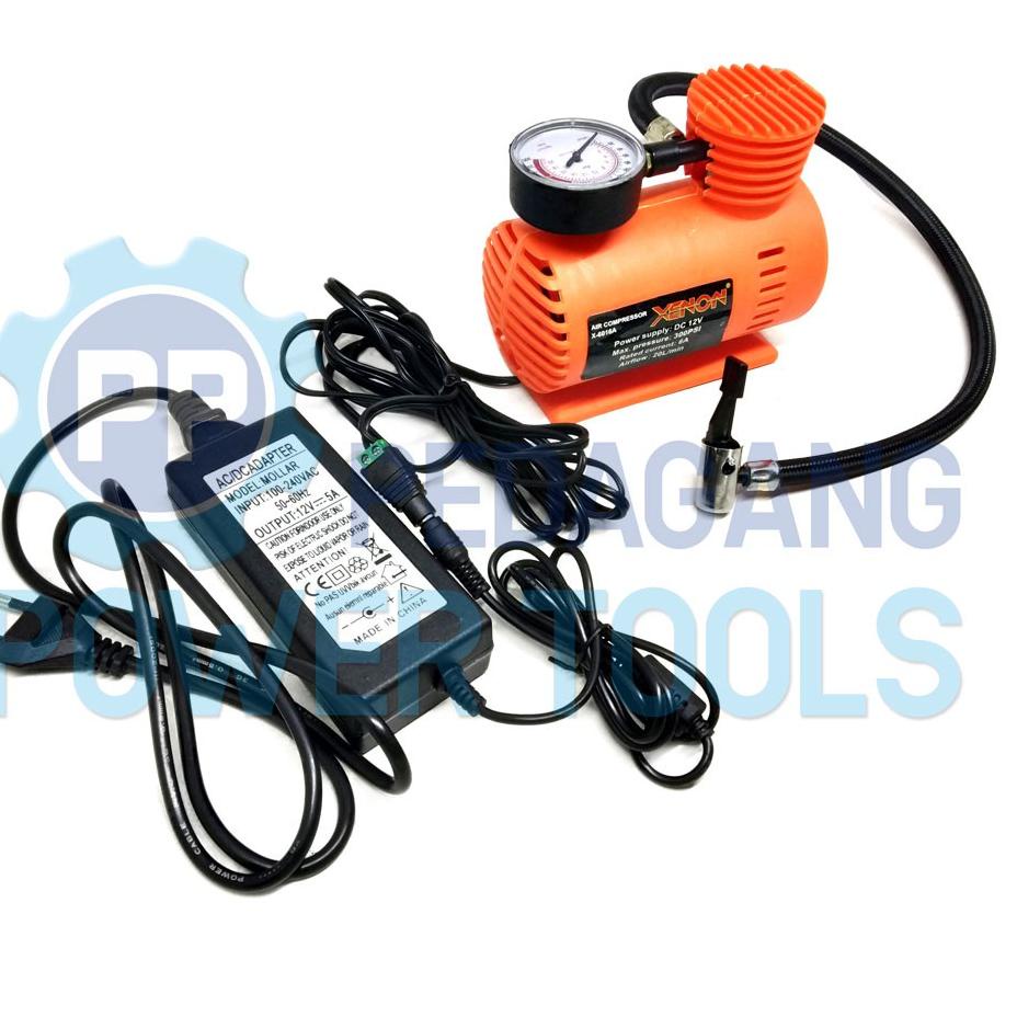 Borong PAKET XENON KOMPRESOR ANGIN MINI POMPA BAN MOBIL & ADAPTOR 12V 5A