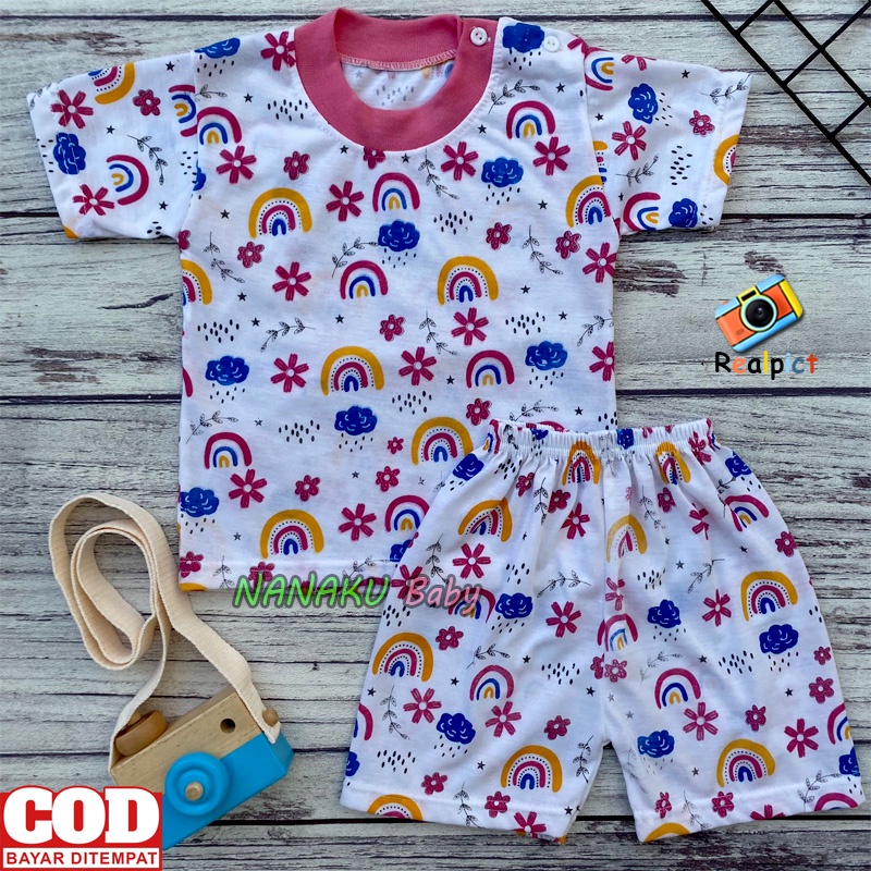 Setelan Baju Bayi Setelan Piyama Bayi Lengan Pendek Kancing Bahu Motif Pelangi Usia 3-12 Bulan Anababy.id