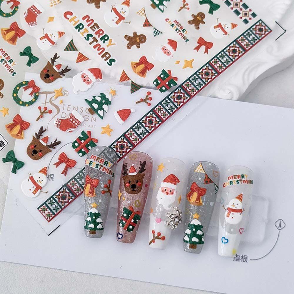 NEEDWAY Stiker Kuku Natal Wanita Relief Christmas Nail Art Santa Claus Manicure Aksesoris Nail Art Dekorasi