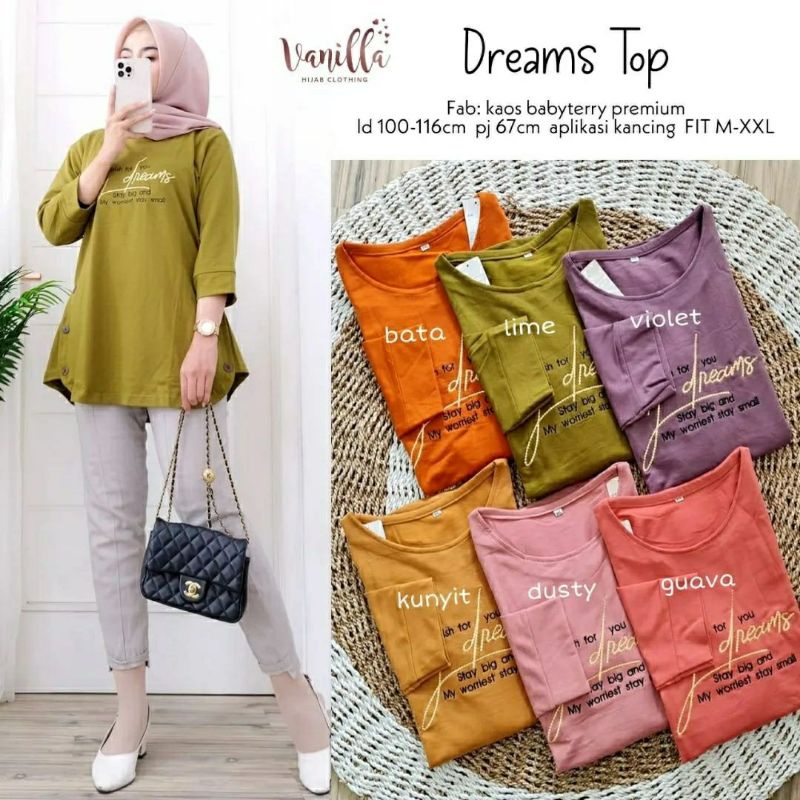 Dreams Top, KAOS WANITA CANTIK MODIS MURAH FIT XXL LD 100-116 BAHAN KAOS BABYTERRY PREMIUM MIX BORDIR TERMURAH OOTD TERLARIS