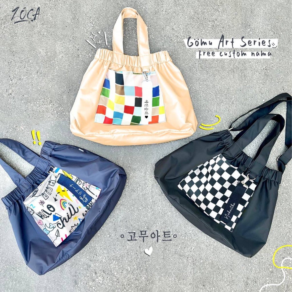 GOMU ART SERIES FOLDABLE BAG / SLINGBAG / TAS SELEMPANG ( FREE CUSTOM NAMA ) TOTE BAG / KOREAN BAG / SHOULDER BAG / TAS WANITA