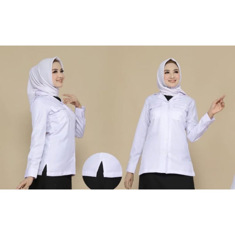 ATASAN PUTIH KANTONG DUA BAJU ASN PUTIH KANTONG DUA.TANPA FURING.BAHAN KATUN BLAZER