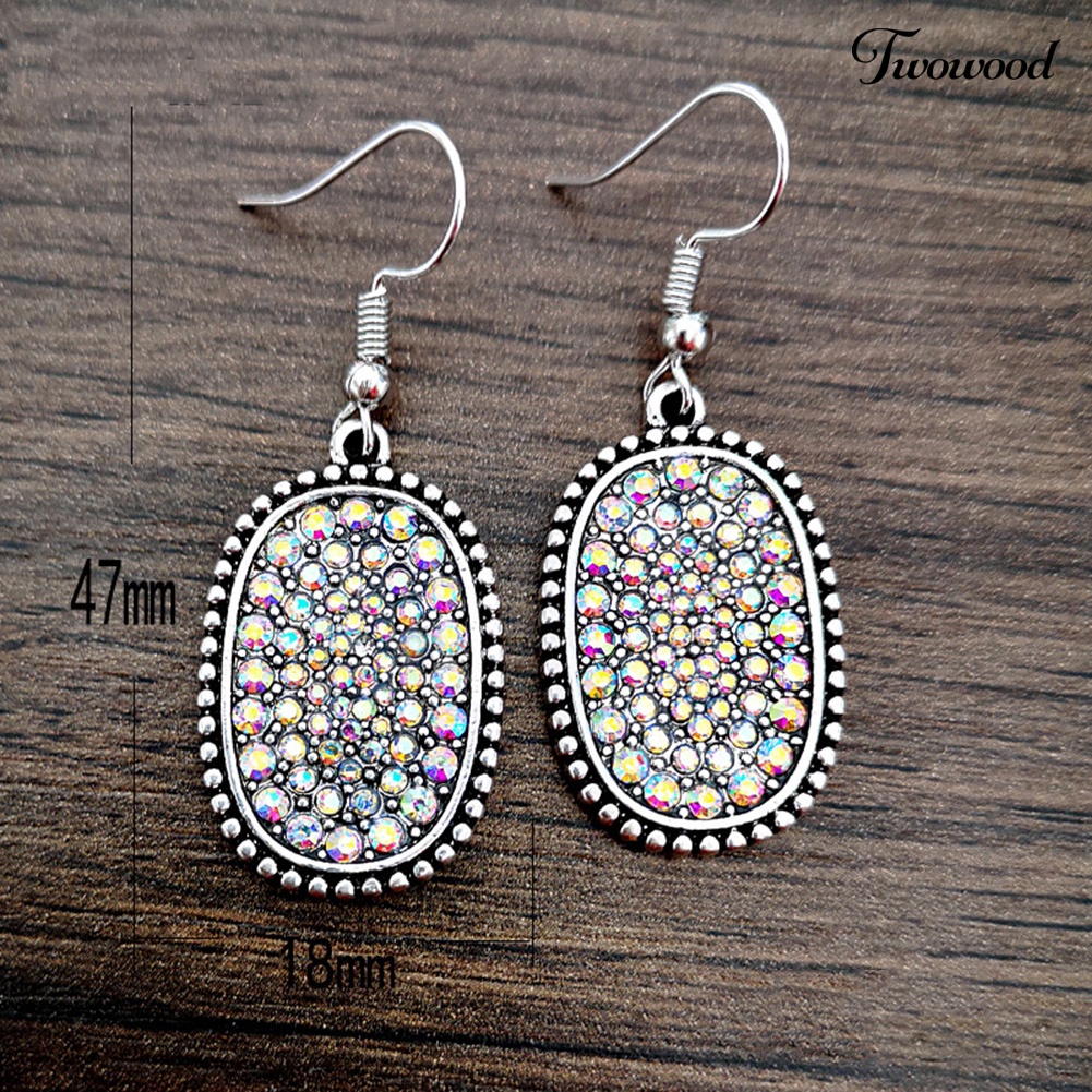 Anting Hook Bentuk Oval Aksen Berlian Imitasi Warna-Warni Gaya Vintage Untuk Wanita