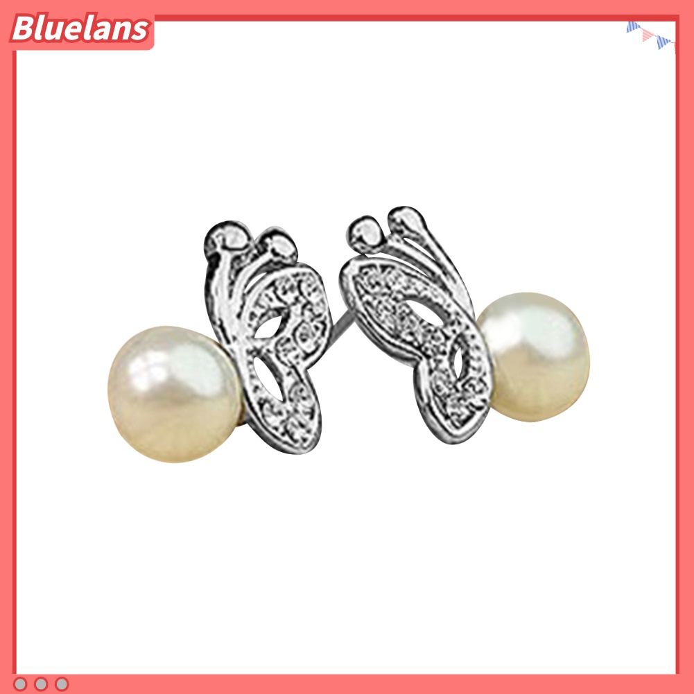 Anting Bentuk Kupu-Kupu Aksen Berlian Imitasi Dan Mutiara Untuk Wanita
