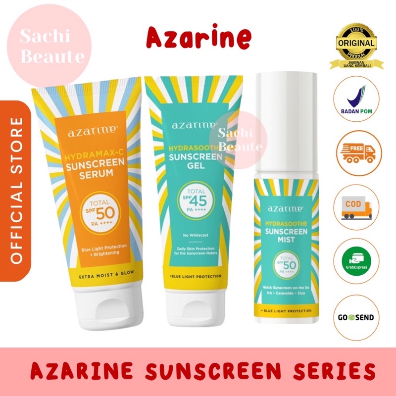 READY COD ‼️ KEMASAN BARU SUNSCREEN AZARINE SPF45 PA+++ SUN SCREEN AZZARINE ORIGINAL BPOM VIRAL TABIR SURYA SUNSCREEN AZARINE HYDRASOOTHE SUNSCREEN GEL / HYDRAMAX-C sunscreen serum calm my acne cicamide