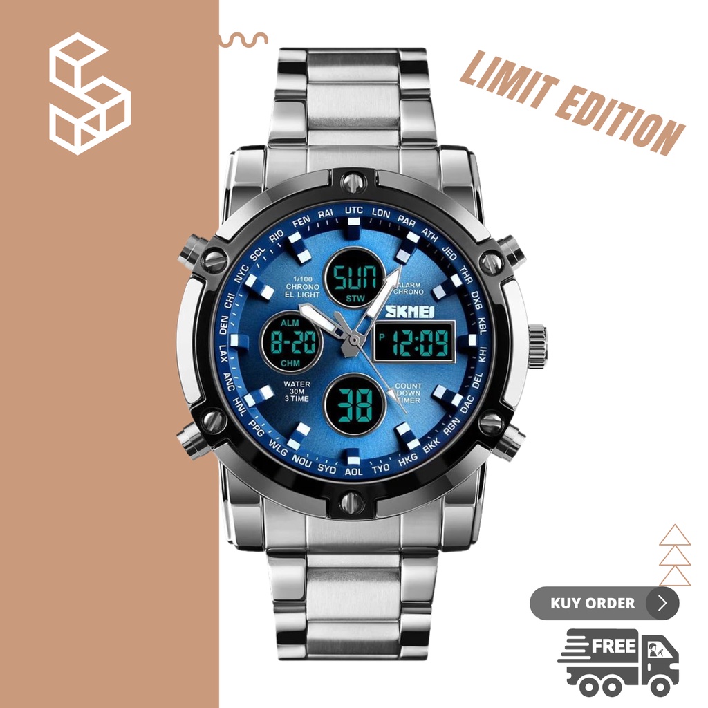 Jam Tangan Digital Analog Pria SKMEI Tali Stainless Anti Air Water Resistance Business Fashion Style