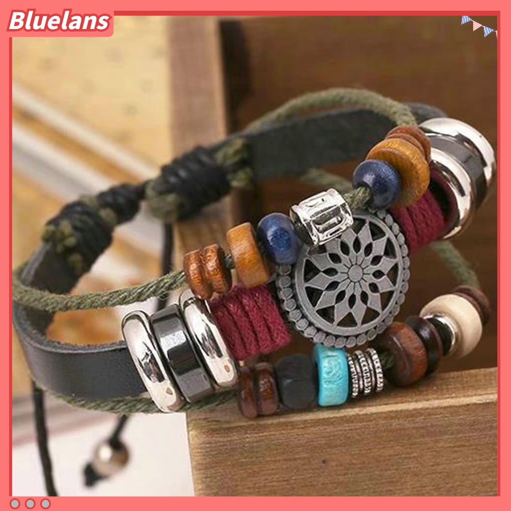 Bluelans Boho Women Multi Layer Beaded Woven Leather Rope Bracelet Adjustable Jewelry