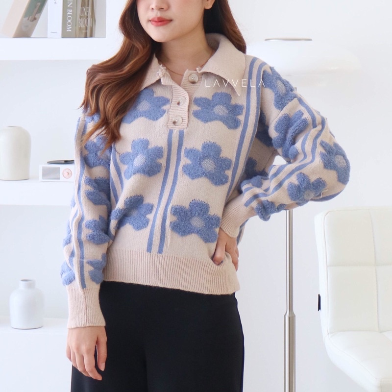 LAVVELA JASMINE KNIT SWEATER IMPORT KOREA POLO RAJUT BUNGA CASUAL ATASAN SWEATWEAR TEBAL