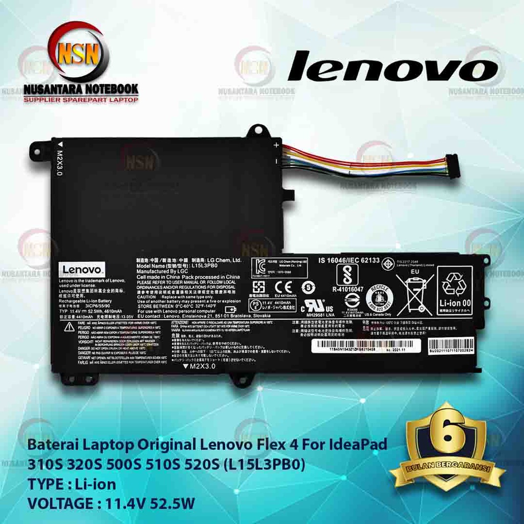 Baterai Laptop Original LENOVO Ori Flex 4 IdeaPad 310S 320S 500S 510S 520S L15L3PB0