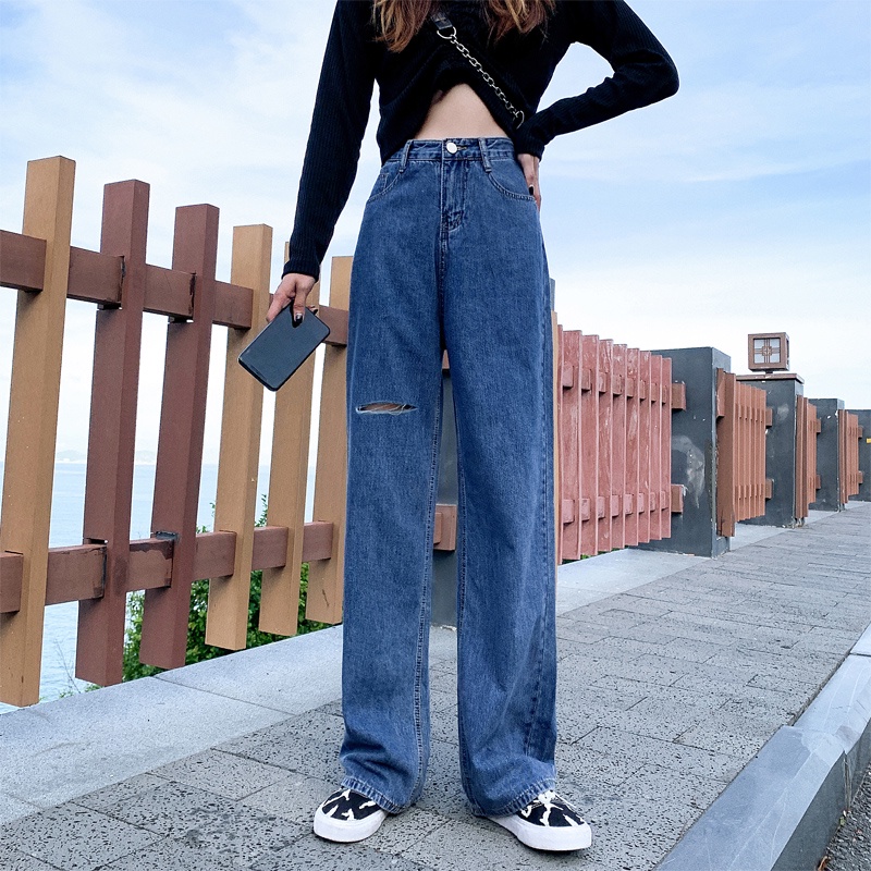 Biru laut Import Highwaist Loose Lebarkaki Celana Jeans Panjang Wanita