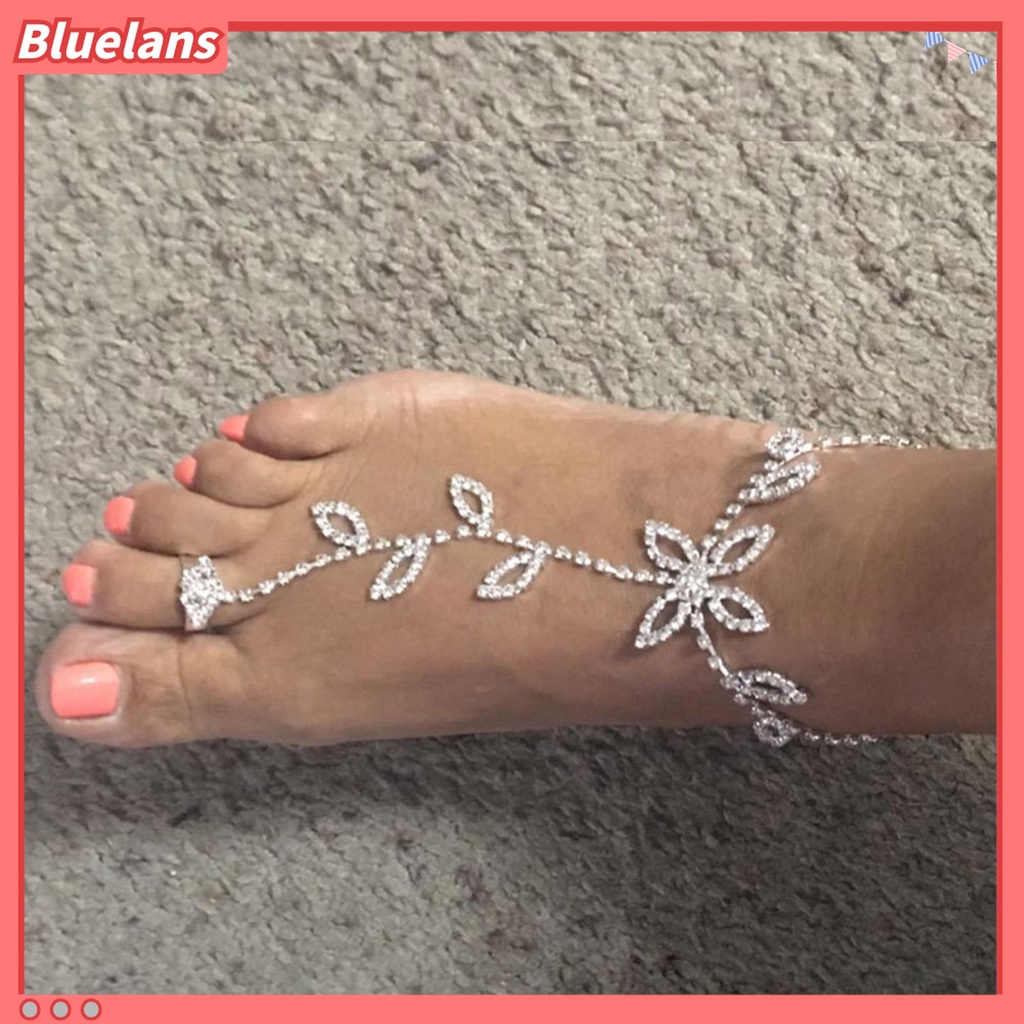 Gelang Kaki Rantai Panjang Dapat Disesuaikan Aksen Berlian Imitasi Bentuk Daun Untuk Wanita