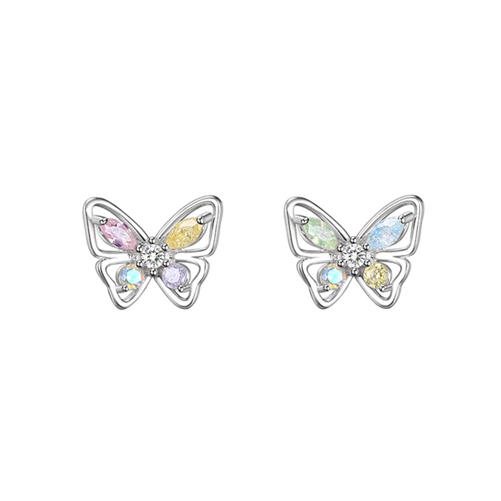 Anting Stud Desain Kupu-Kupu Hollow Aksen Kristal Warna-Warni Untuk Wanita