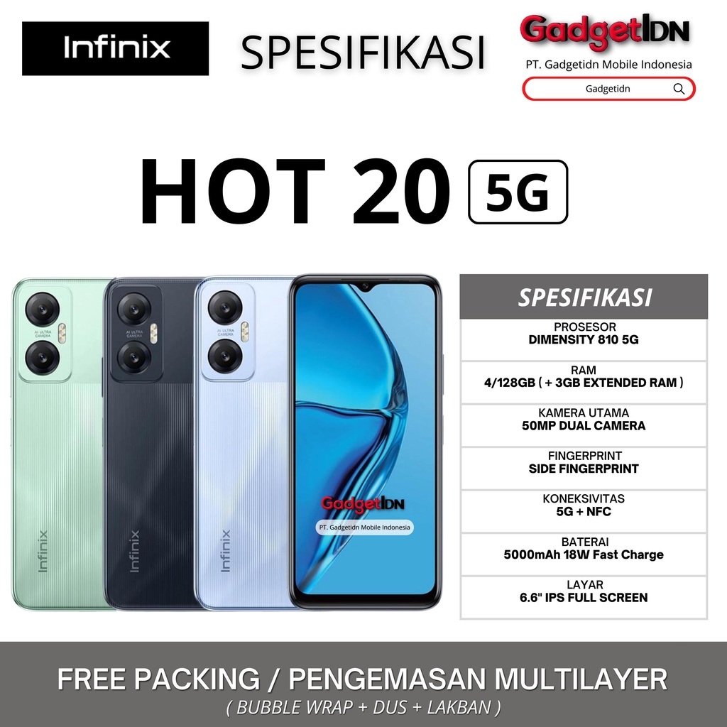 INFINIX HOT 20 5G NFC 4/128GB ( +3GB EXTENDED RAM ) GARANSI RESMI INFINIX