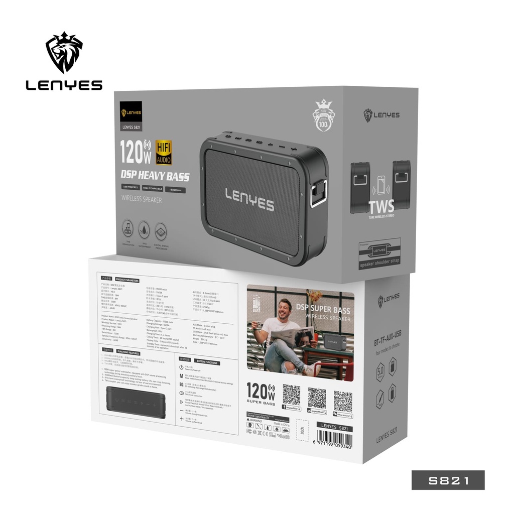Speaker Lenyes S821 Original 120W Wireless Bluetooth Portable Super Bass High Sound Quality